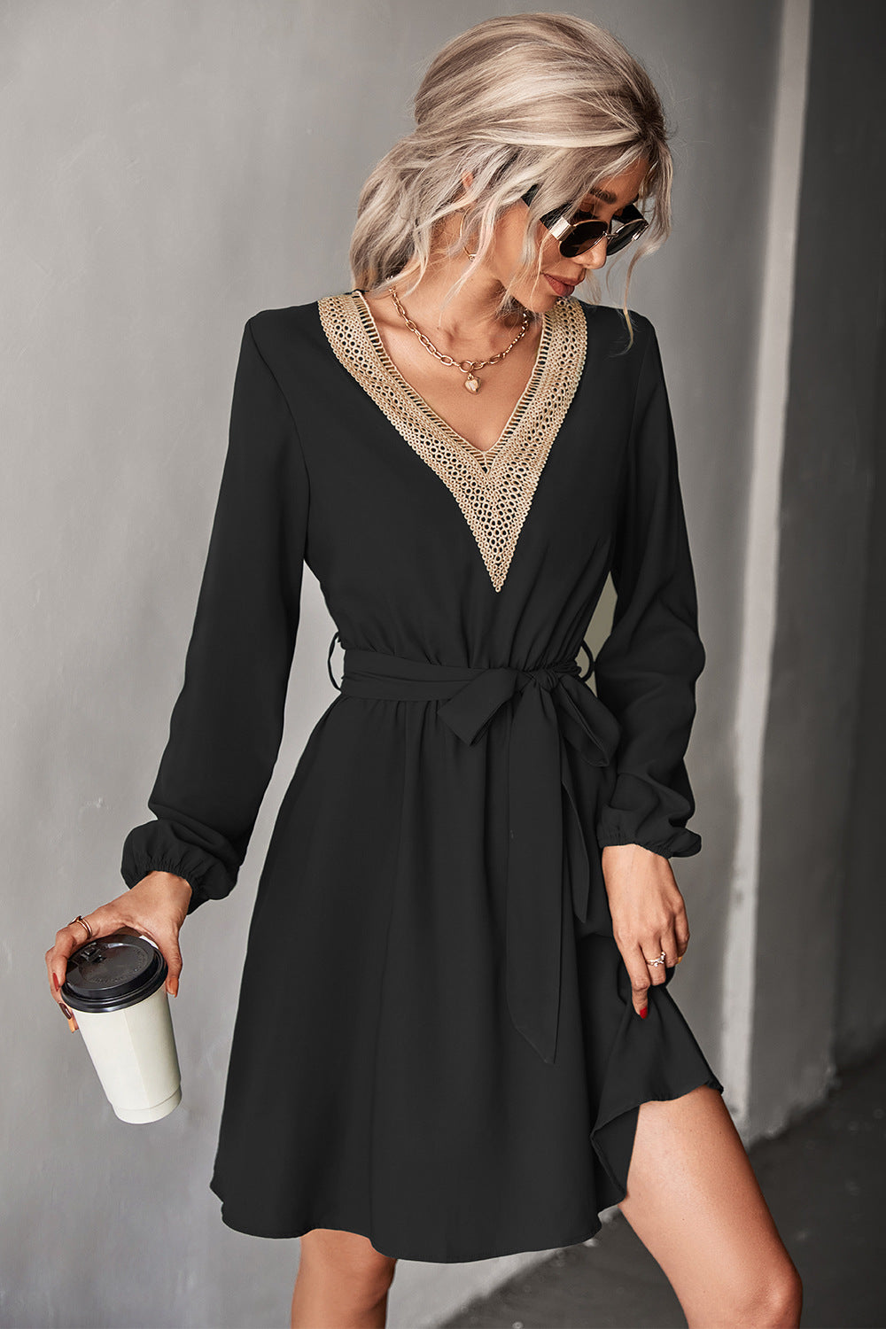 Contrast V-Neck Belted Dress-Angel Casuals