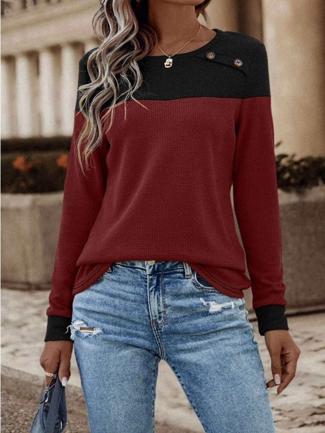 Contrast Buttoned Round Neck Long Sleeve T-Shirt-Angel Casuals