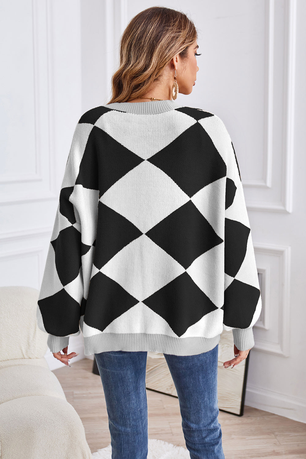 Geometric Lantern Sleeve Cardigan with Pockets-Angel Casuals