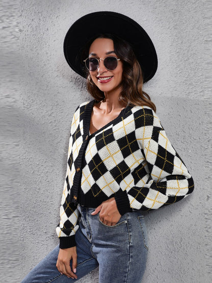Geometric Button Up Long Sleeve Cardigan-Angel Casuals