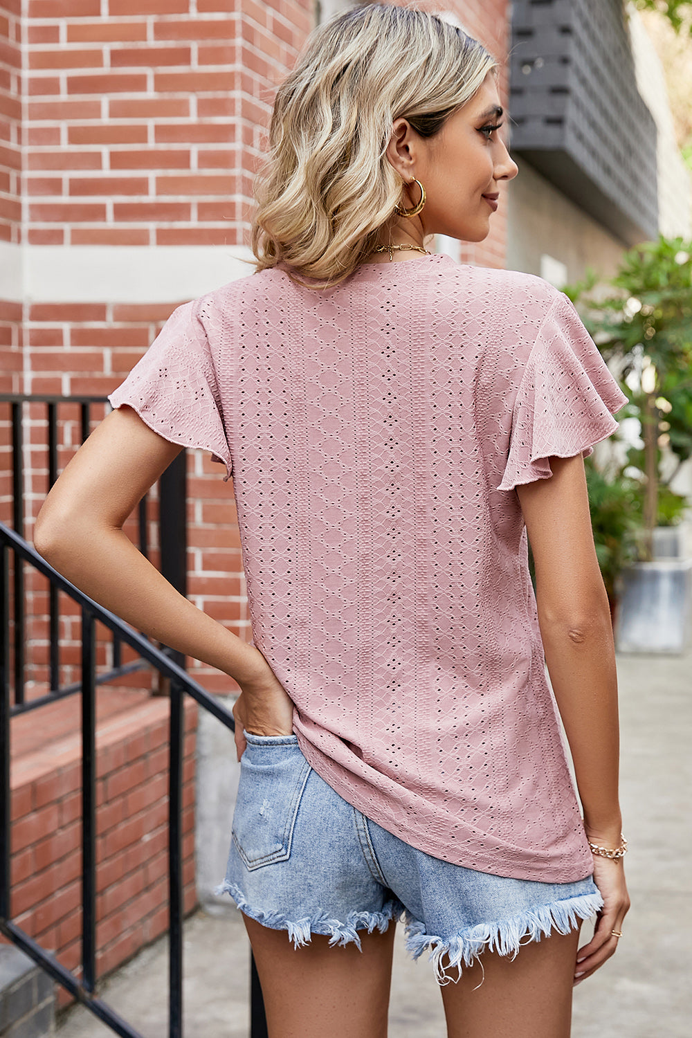 Eyelet V-Neck Flutter Sleeve T-Shirt-Angel Casuals