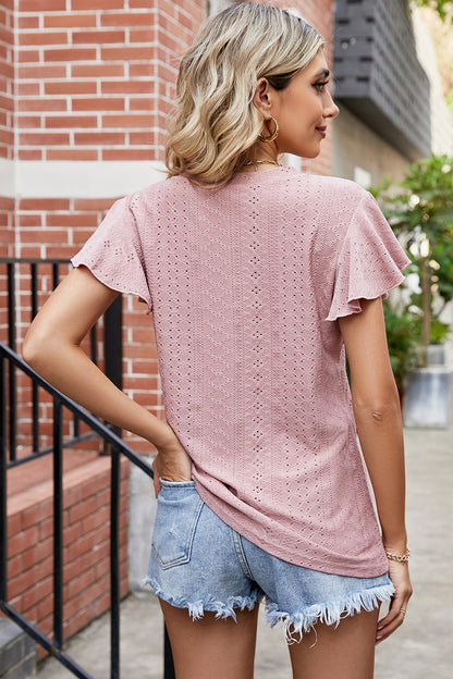Eyelet V-Neck Flutter Sleeve T-Shirt-Angel Casuals