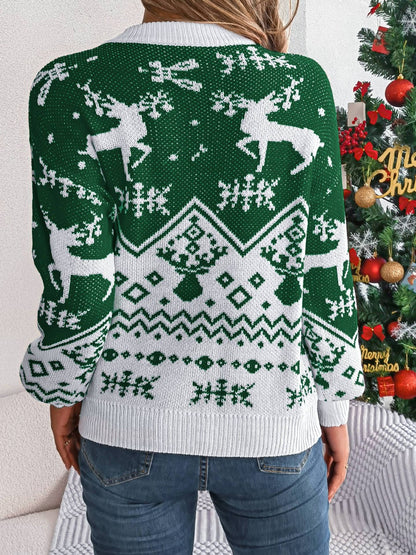 Christmas Element Round Neck Long Sleeve Sweater-Angel Casuals