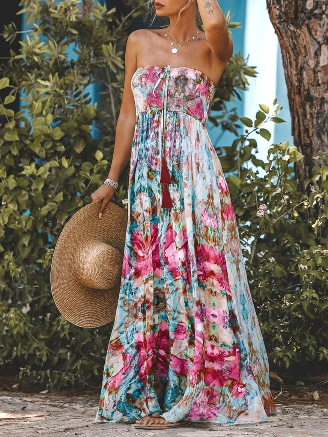 Smocked Printed Sleeveless Maxi Dress-Angel Casuals