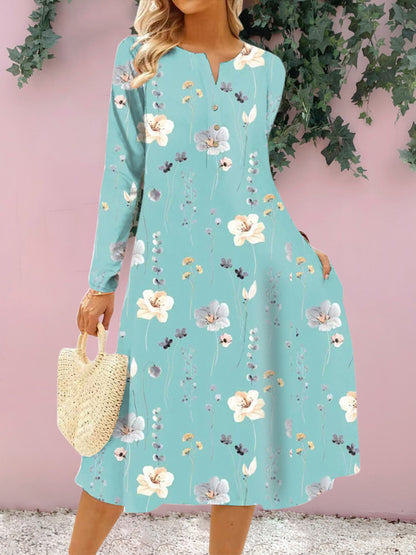 Floral Notched Long Sleeve Midi Dress-Angel Casuals