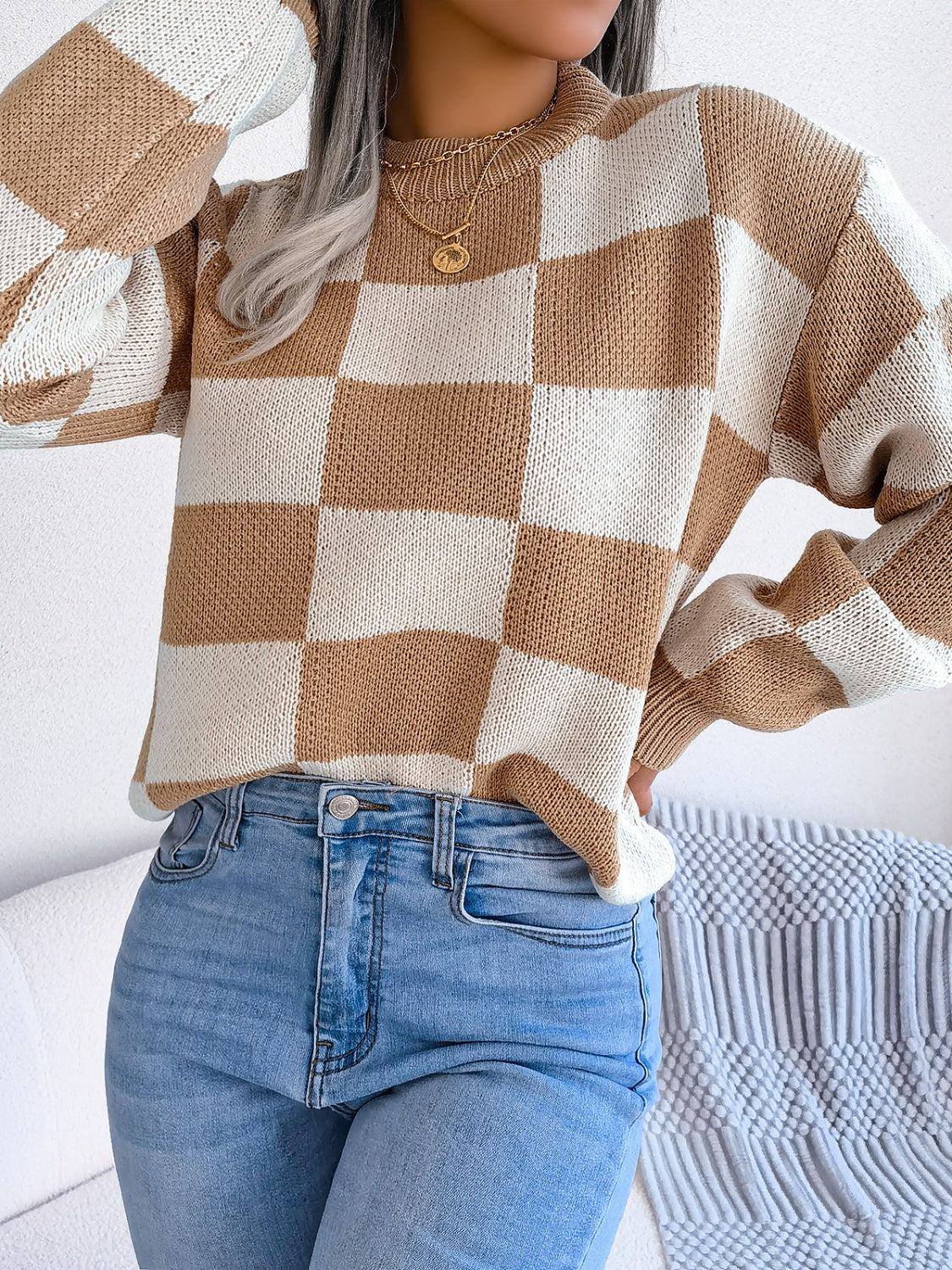 Checkered Mock Neck Long Sleeve Sweater-Angel Casuals