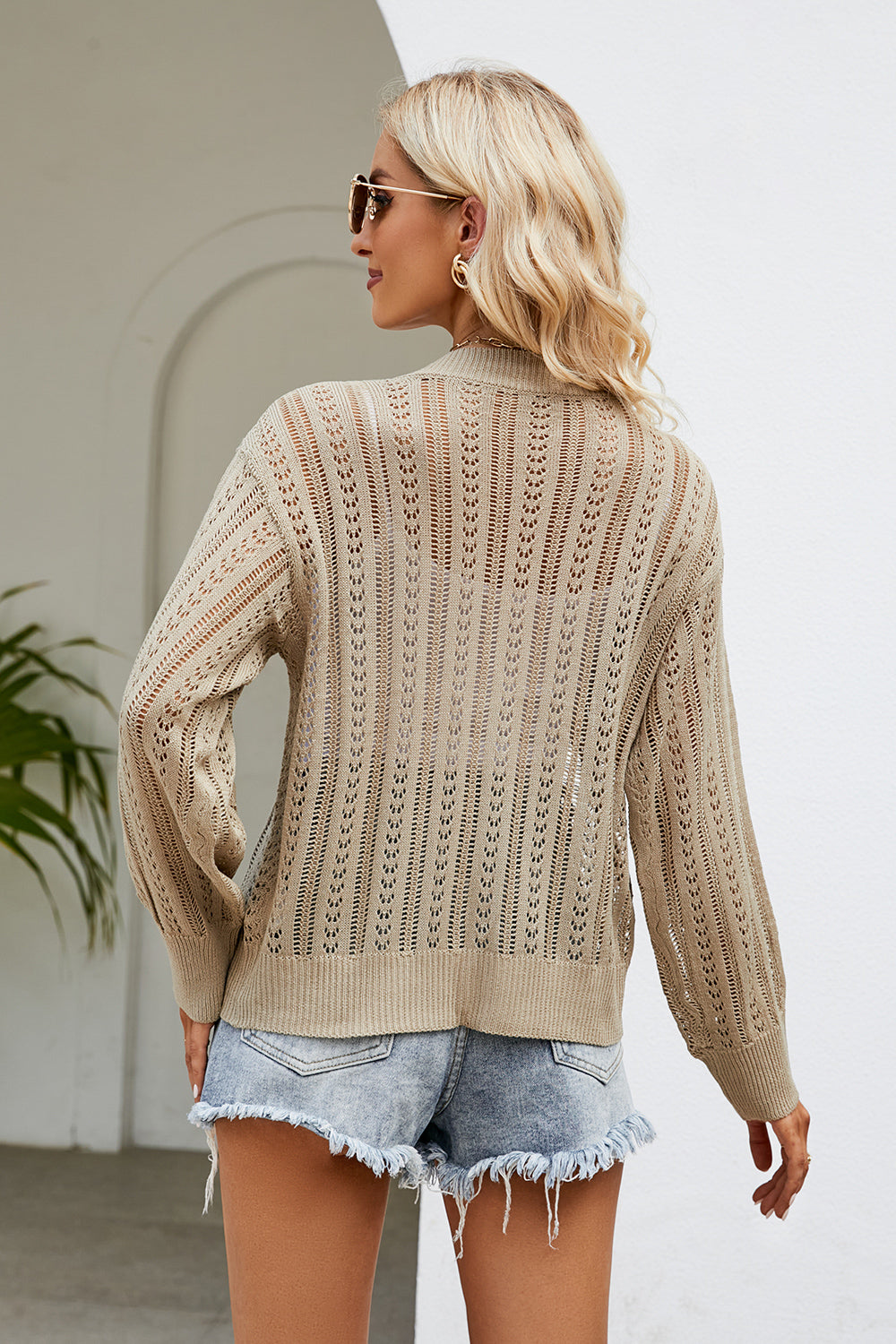 Openwork Button Front V-Neck Cardigan-Angel Casuals