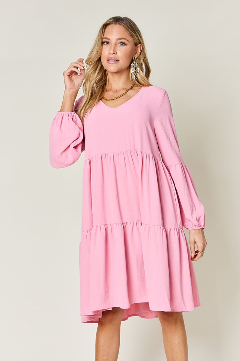 Double Take Full Size V-Neck Balloon Sleeve Tiered Dress-Angel Casuals