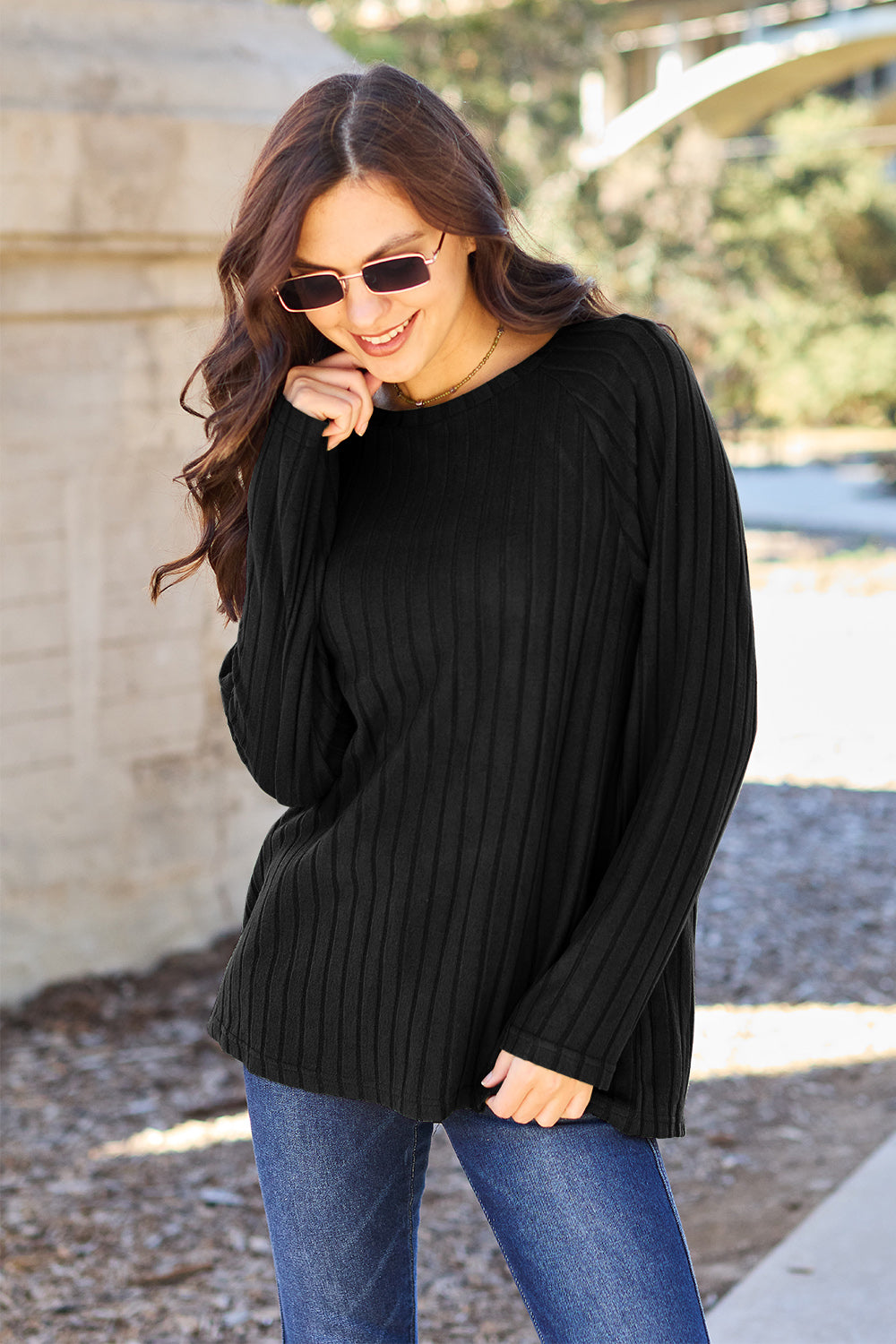 Basic Bae Full Size Ribbed Round Neck Long Sleeve Knit Top-Angel Casuals