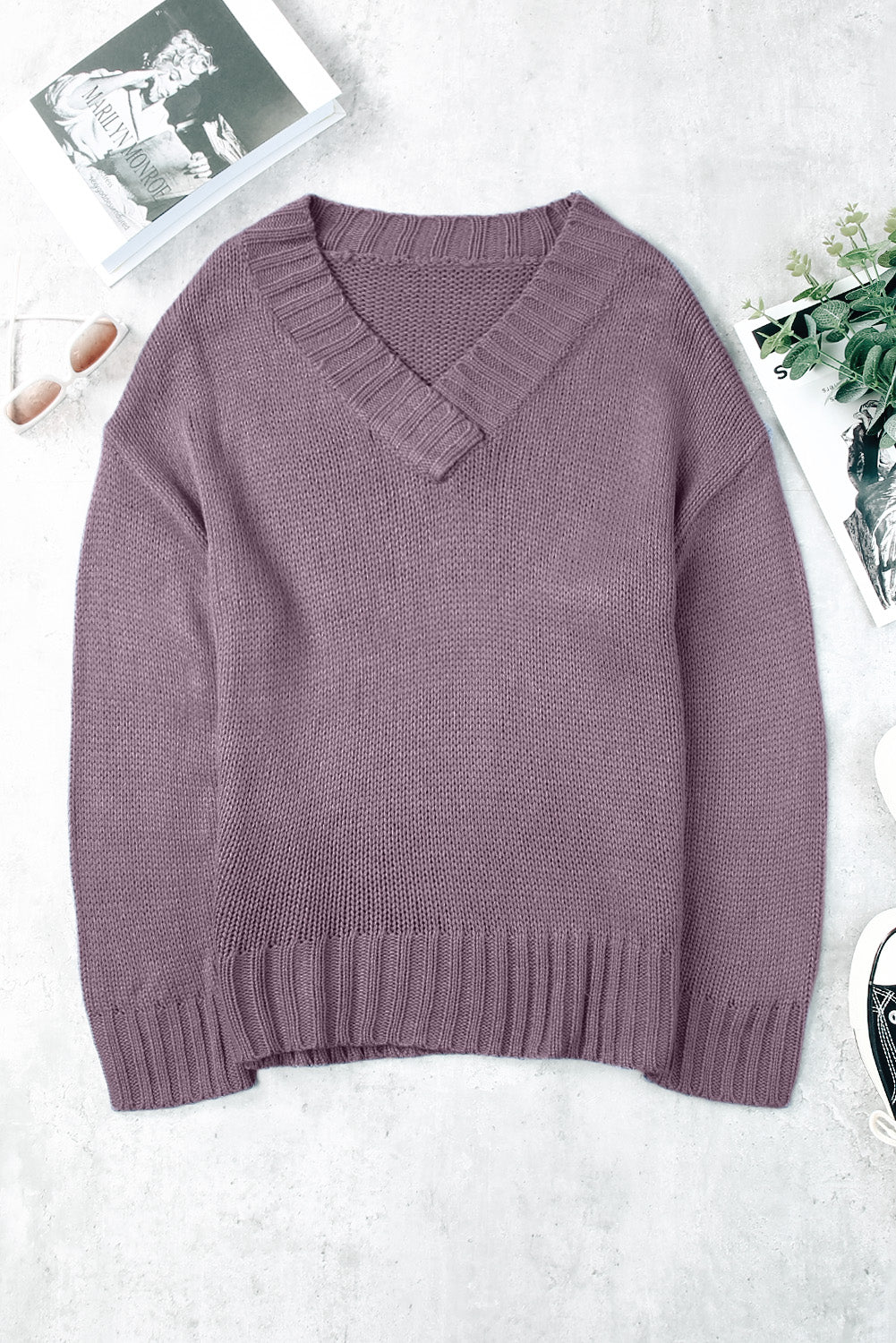 V-Neck Dropped Shoulder Sweater-Angel Casuals