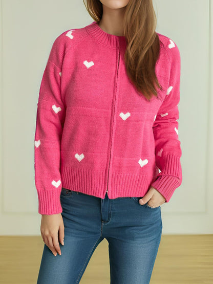 Heart Round Neck Zip Up Cardigan-Angel Casuals