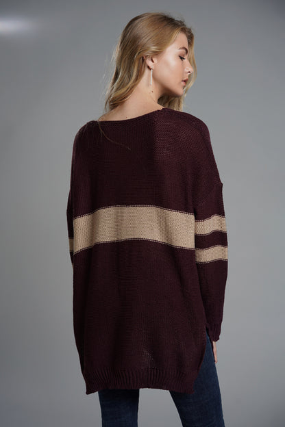 Slit Contrast V-Neck Long Sleeve Sweater-Angel Casuals