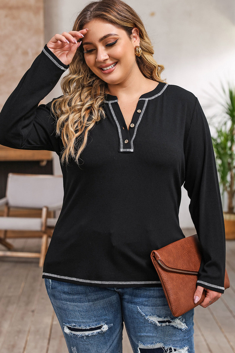 Plus Size Notched Neck Long Sleeve T-Shirt-Angel Casuals