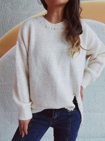 Slit Pearl Trim Round Neck Long Sleeve Sweater-Angel Casuals