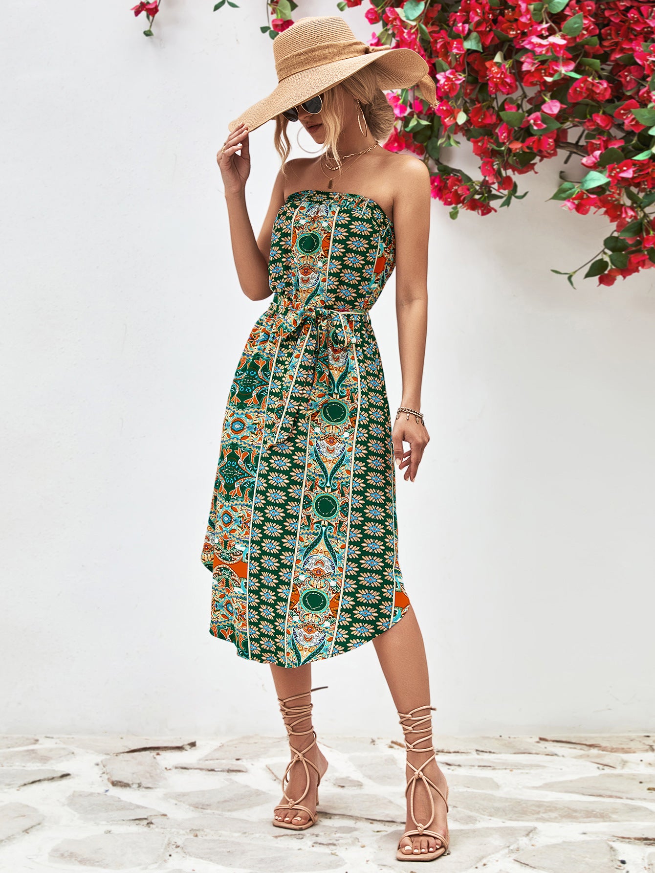 Printed Strapless Tie Belt Dress-Angel Casuals