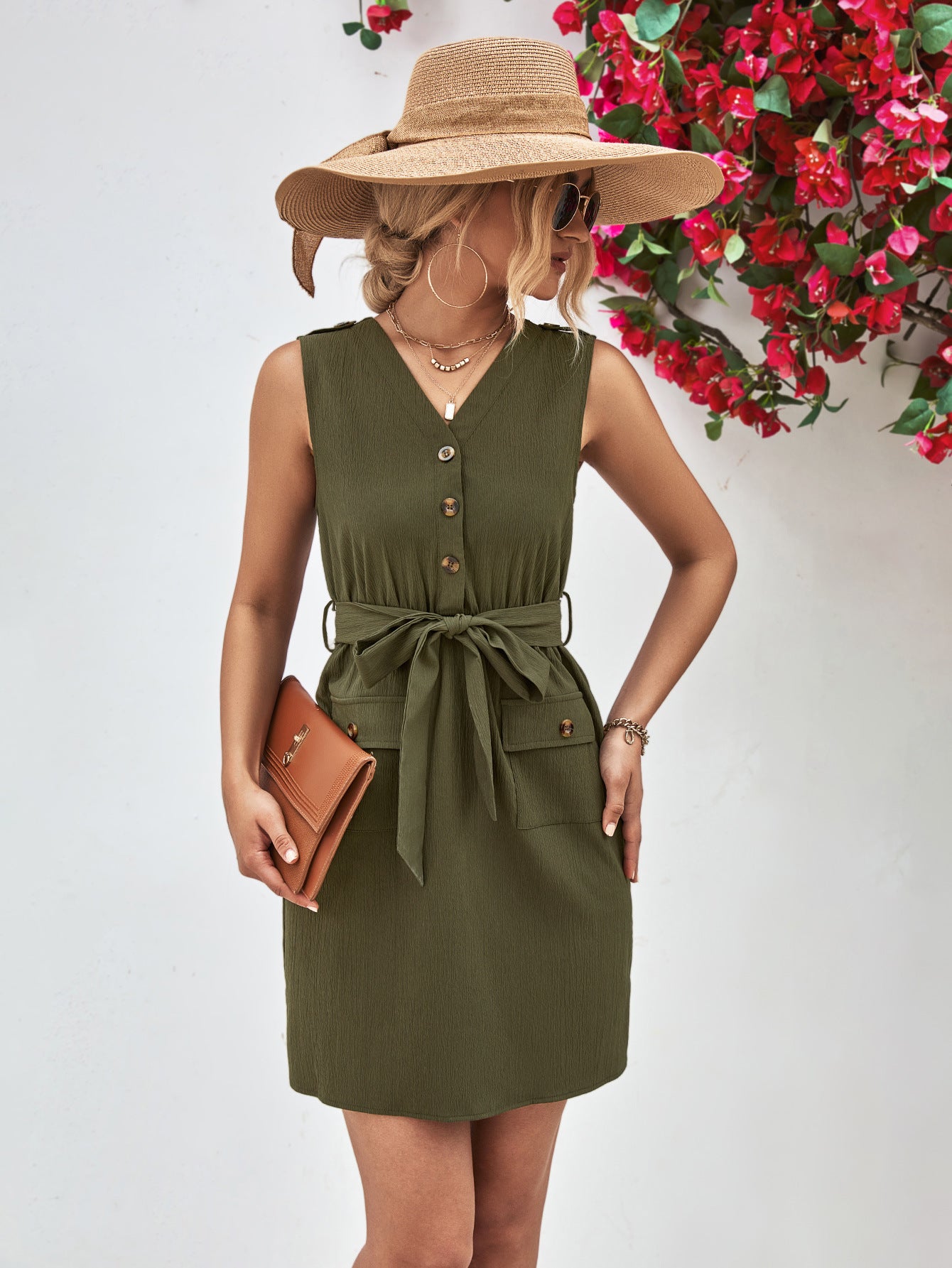 Buttoned V-Neck Belted Sleeveless Dress-Angel Casuals