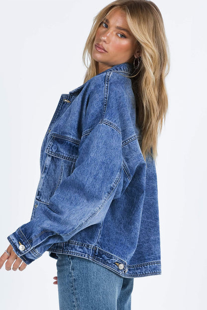 Collared Neck Button Up Denim Jacket-Angel Casuals