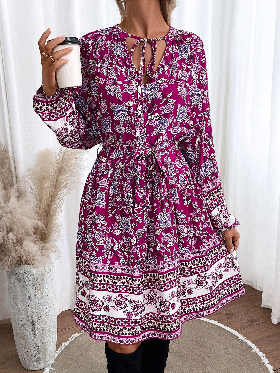 Floral Tie Neck Balloon Sleeve Dress-Angel Casuals