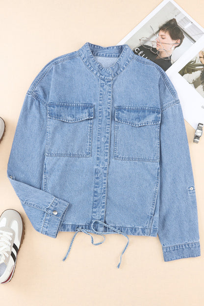 Drawstring Snap Down Denim Jacket with Chest Pockets-Angel Casuals