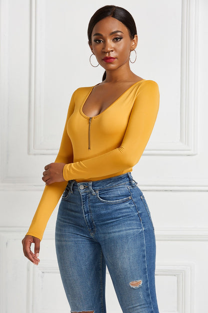 Half Zip Scoop Neck Long Sleeve Bodysuit-Angel Casuals