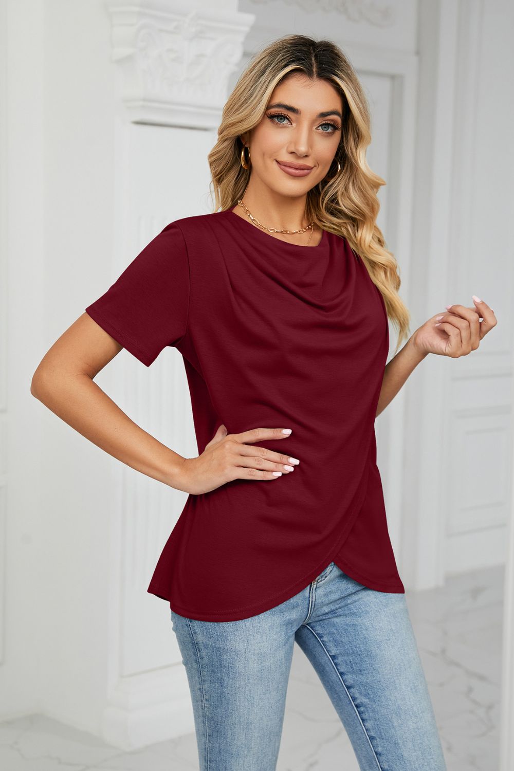 Cowl Neck Tulip Hem T-Shirt-Angel Casuals