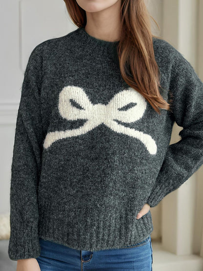 Bow Round Neck Long Sleeve Sweater-Angel Casuals