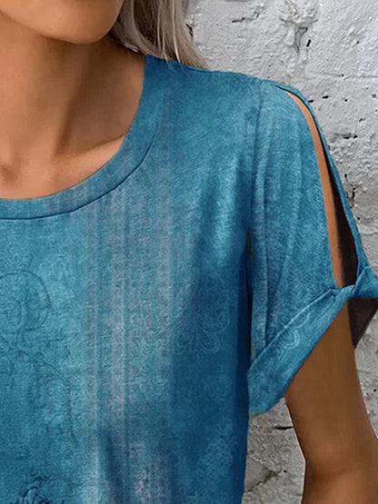 Printed Round Neck Short Sleeve T-Shirt-Angel Casuals