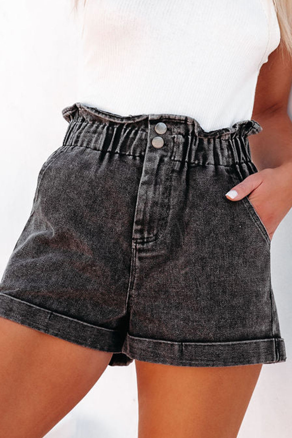 Paperbag Waist Denim Shorts with Pockets-Angel Casuals