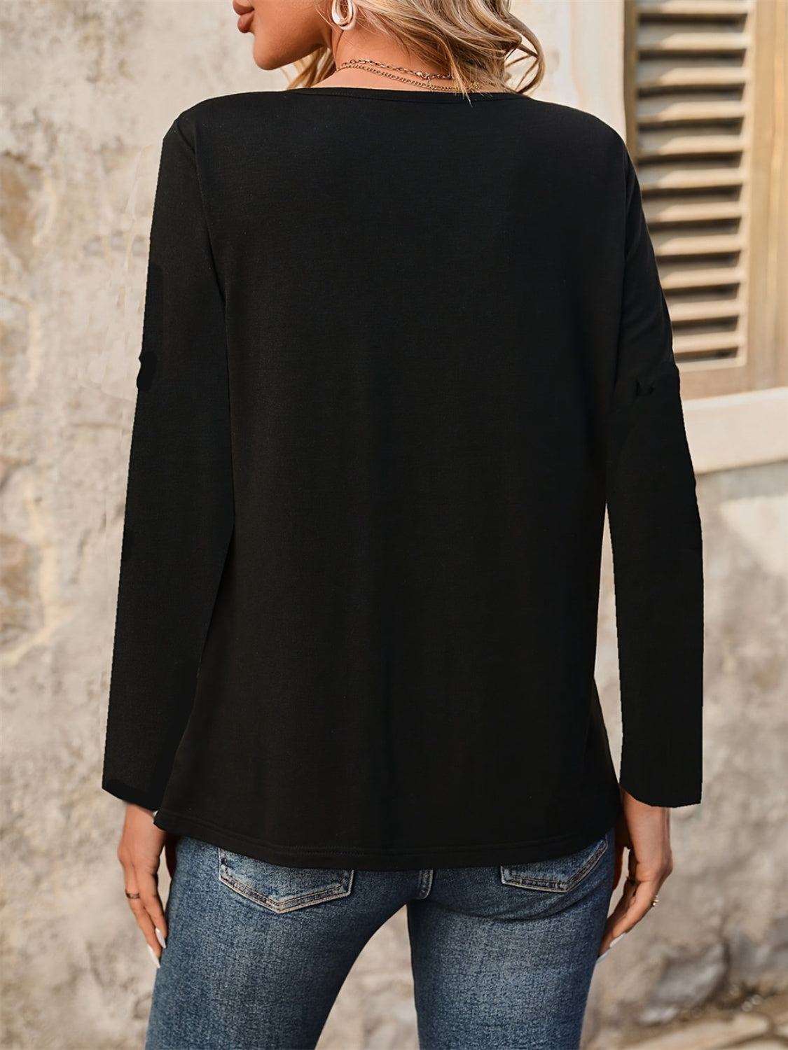 Notched Long Sleeve T-Shirt-Angel Casuals