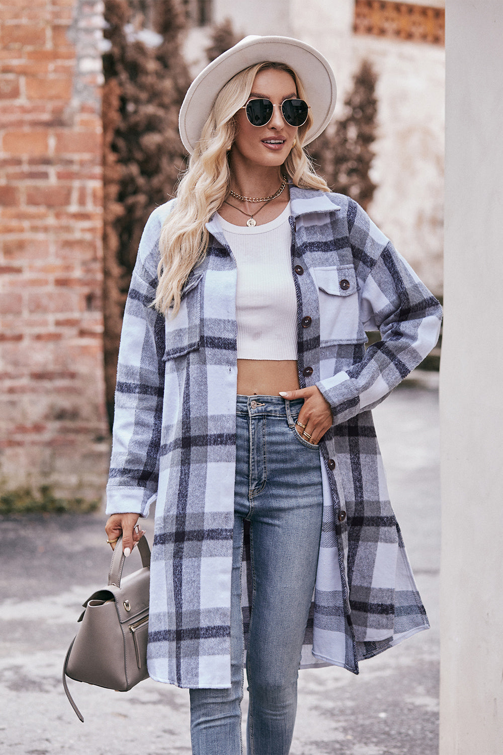 Mandy Plaid Dropped Shoulder Longline Jacket-Angel Casuals