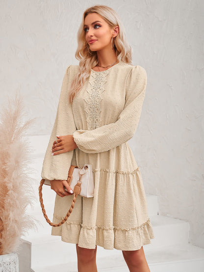 Swiss Dot Lace Trim Balloon Sleeve Dress-Angel Casuals