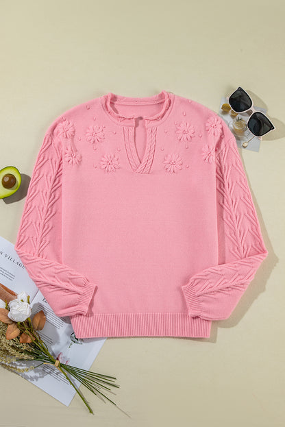 Daisy Notched Long Sleeve Sweater-Angel Casuals