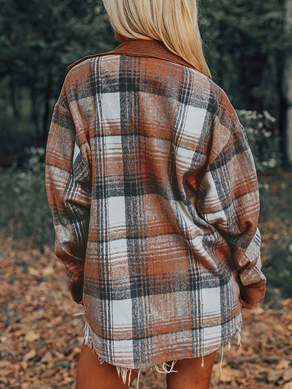 Plaid Collared Neck Button Up Shacket-Angel Casuals