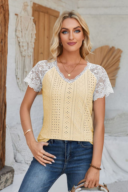 Eyelet V-Neck Lace Short Sleeve T-Shirt-Angel Casuals