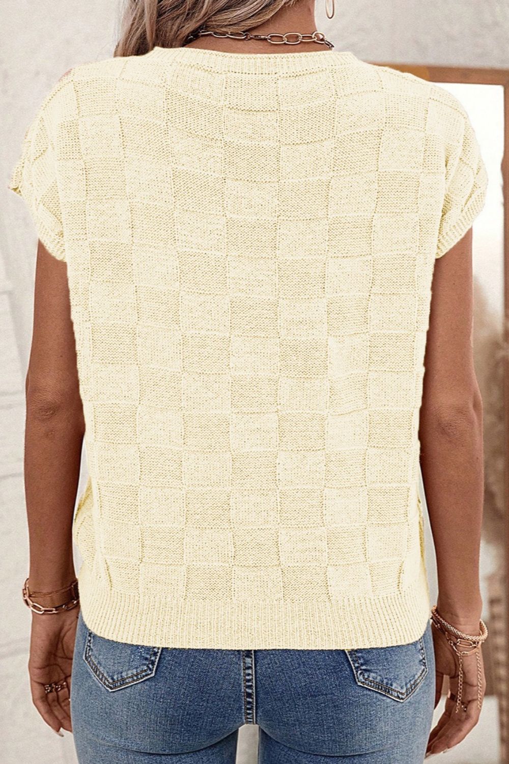 Pocketed Checkered Round Neck Knit Top-Angel Casuals