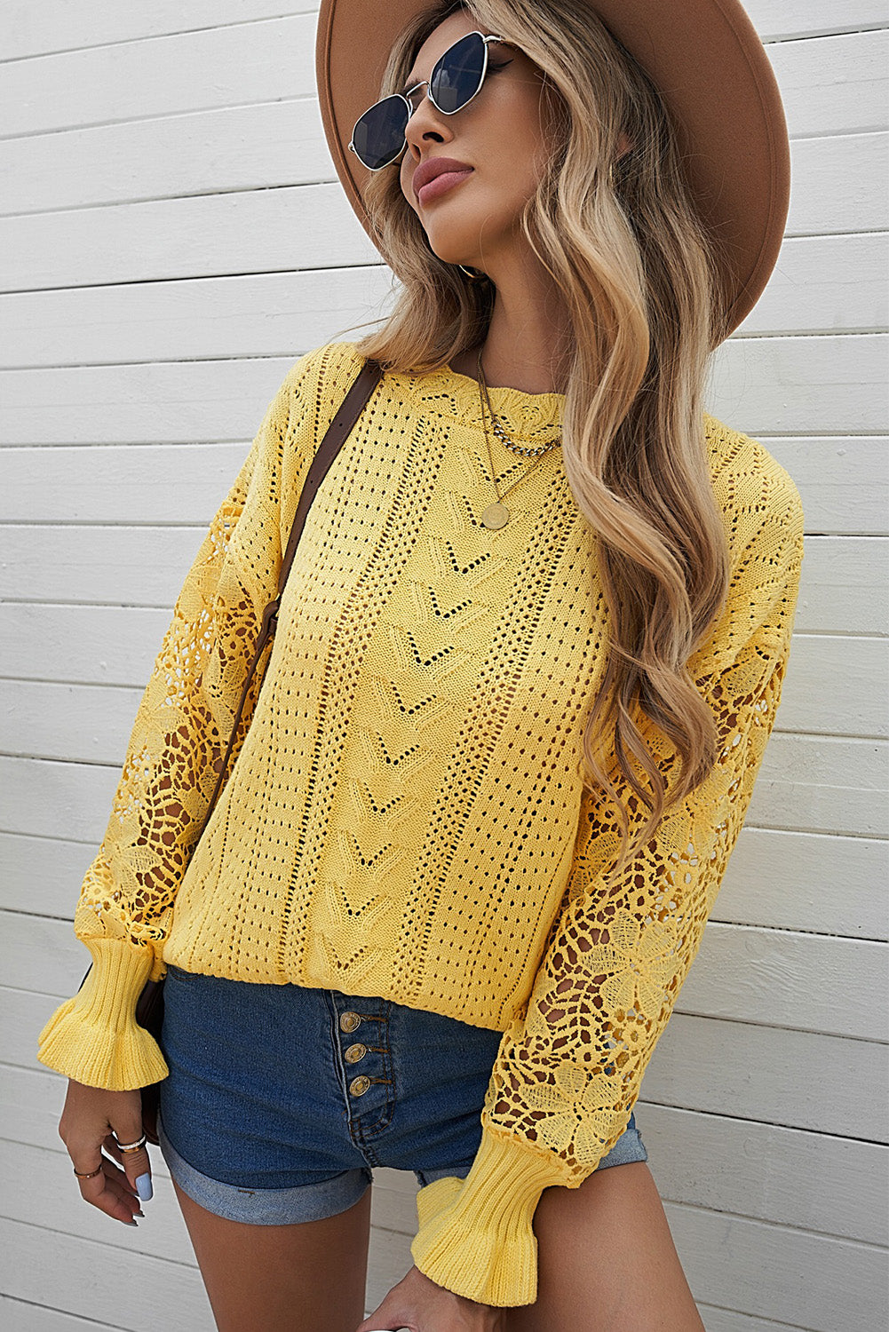 Openwork Lantern Sleeve Dropped Shoulder Sweater-Angel Casuals