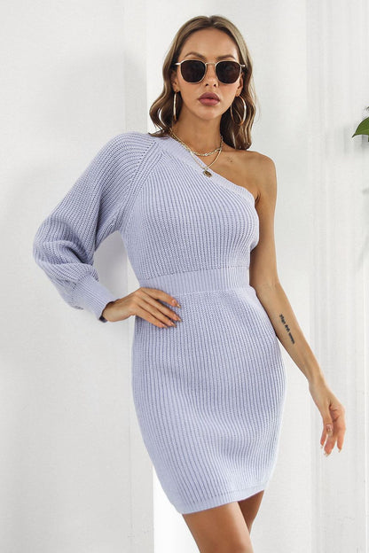 One Shoulder Raglan Sleeve Pencil Sweater Dress-Angel Casuals