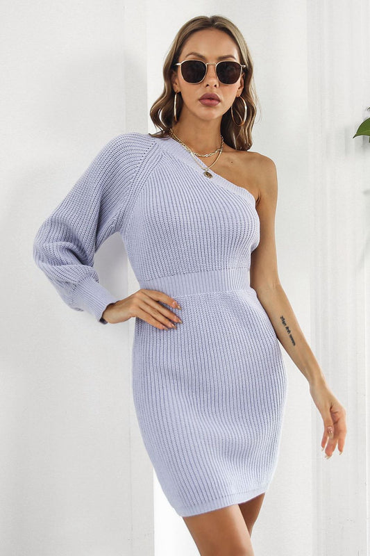 One Shoulder Raglan Sleeve Pencil Sweater Dress-Angel Casuals