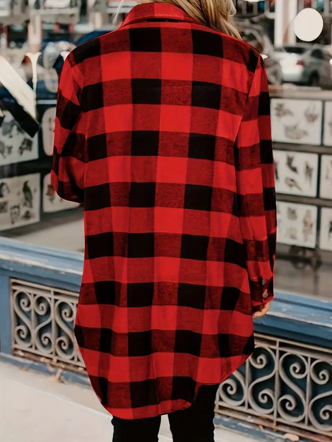 Plaid Collared Neck Snap Down Long Sleeve Jacket-Angel Casuals