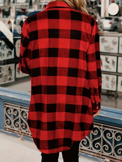 Plaid Collared Neck Snap Down Long Sleeve Jacket-Angel Casuals