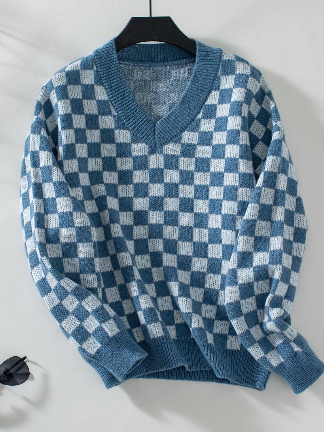 Checkered V-Neck Dropped Shoulder Sweater-Angel Casuals