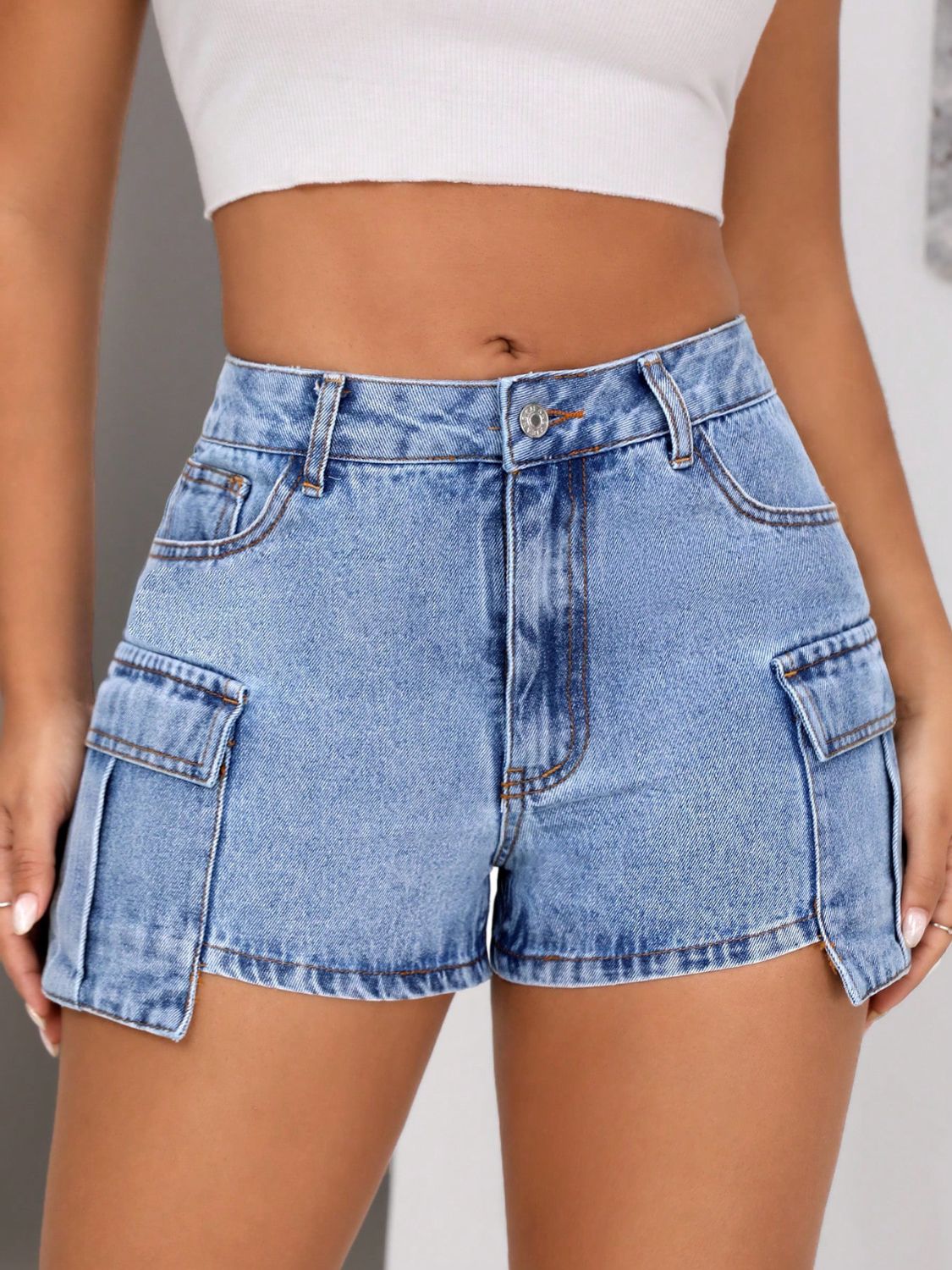 Mid-Rise Waist Denim Shorts with Pockets-Angel Casuals