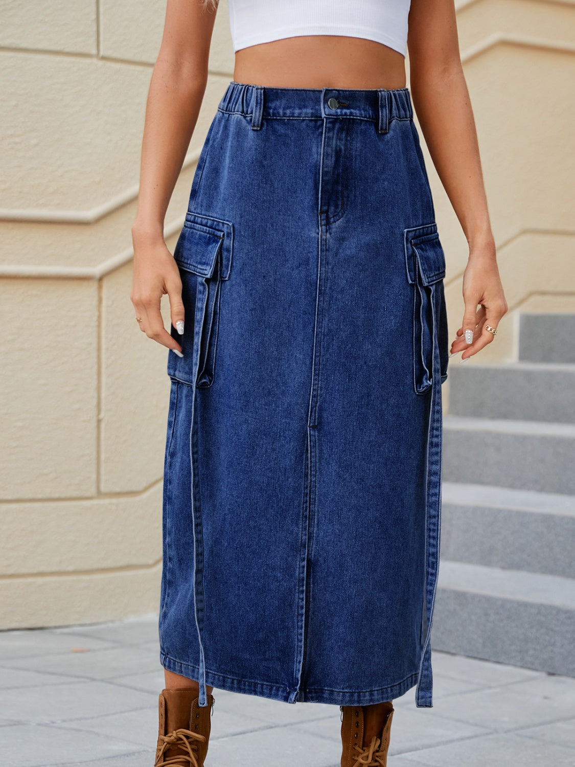 Slit Pocketed High Waist Denim Skirt-Angel Casuals