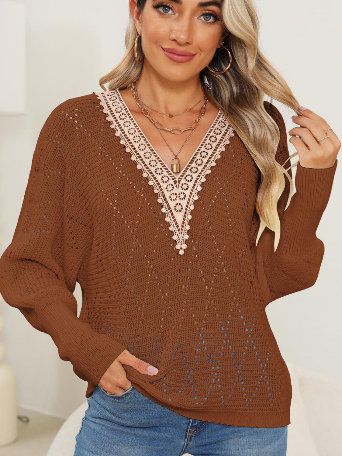 Lace Detail V-Neck Long Sleeve Sweater-Angel Casuals