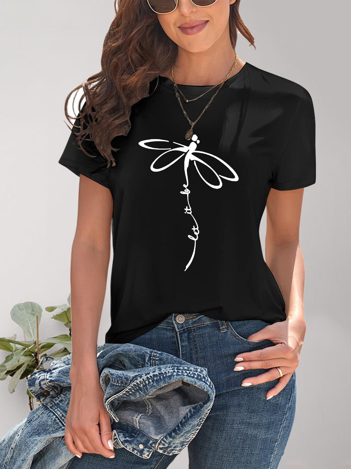 Dragonfly Graphic Round Neck Short Sleeve T-Shirt-Angel Casuals