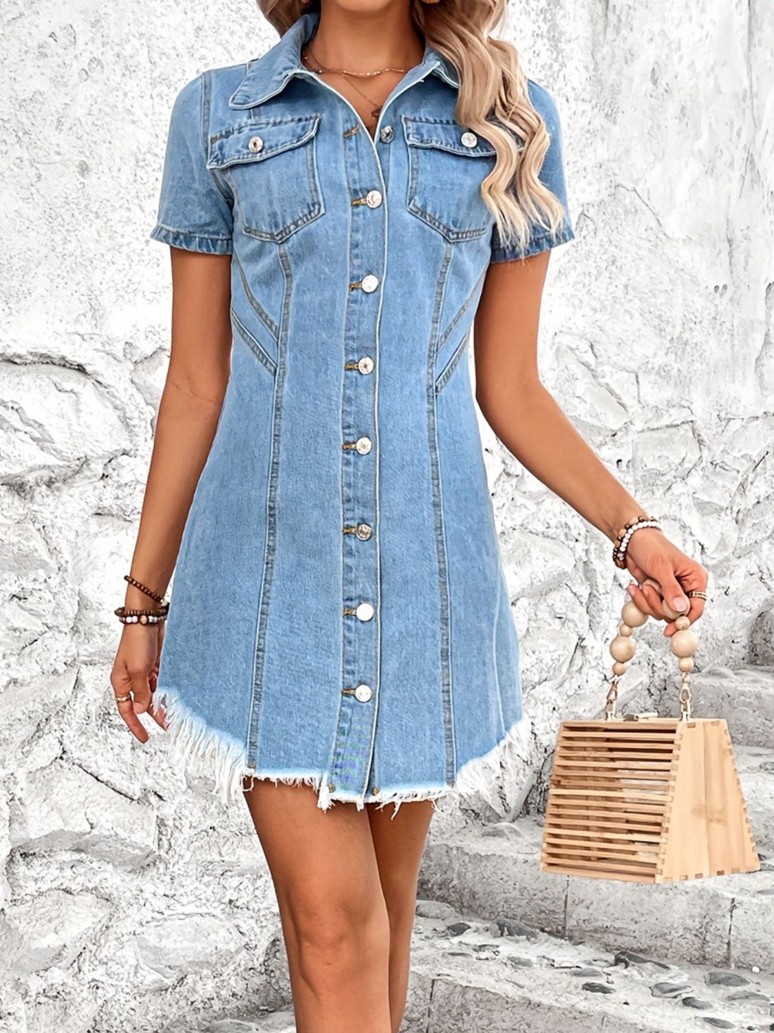 Raw Hem Button Up Short Sleeve Denim Dress-Angel Casuals