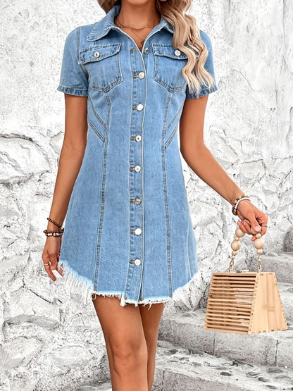 Raw Hem Button Up Short Sleeve Denim Dress-Angel Casuals