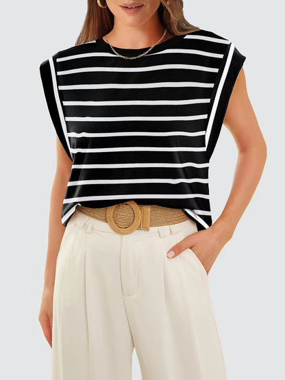 Striped Round Neck Cap Sleeve T-Shirt-Angel Casuals