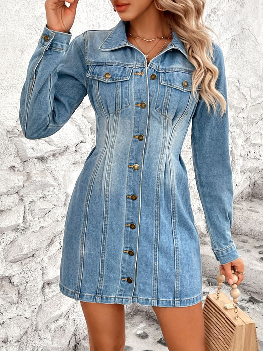 Pocketed Button Up Long Sleeve Denim Dress-Angel Casuals