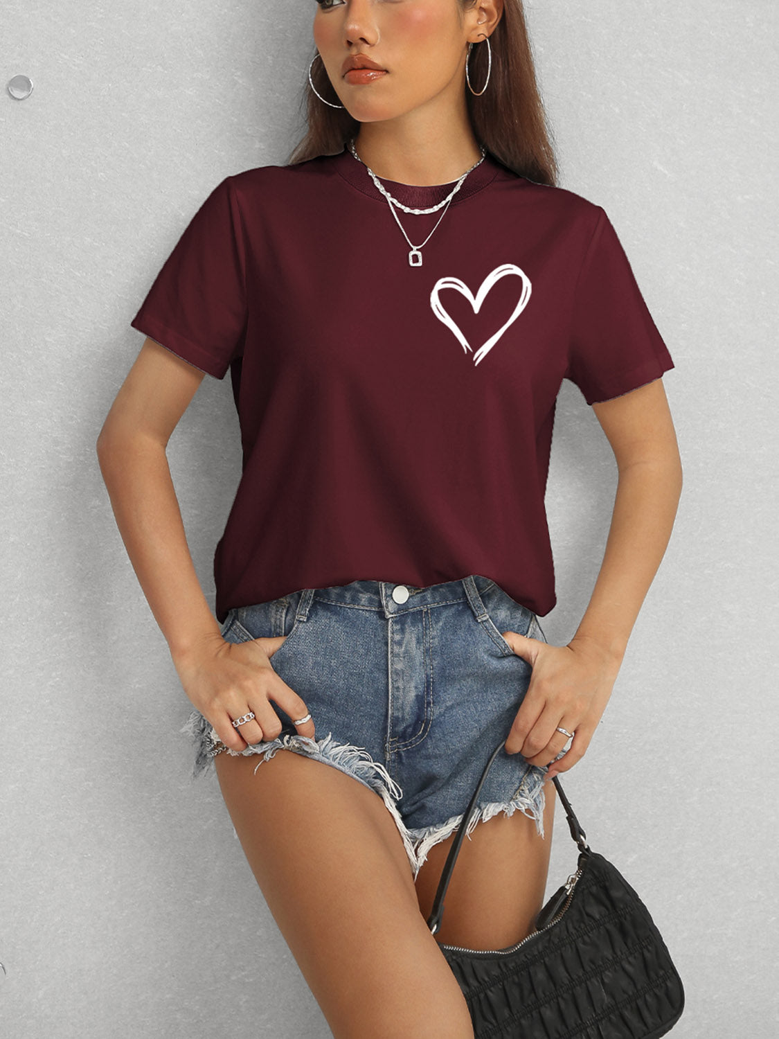 Heart Round Neck Short Sleeve T-Shirt-Angel Casuals